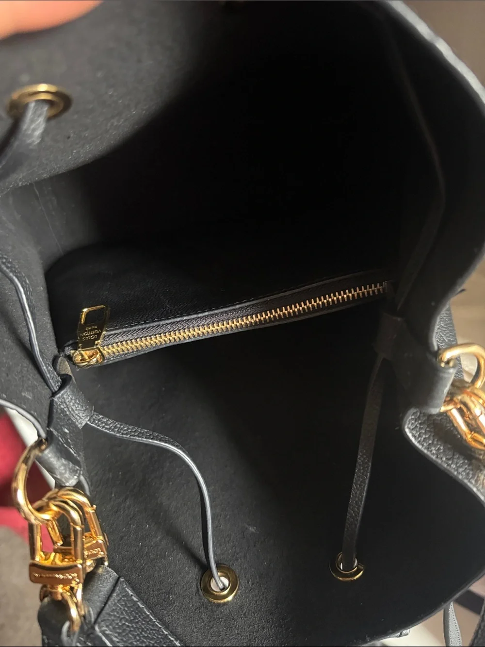 Louis Vuitton Black Leather Drawstring Hobo with Gold Hardware